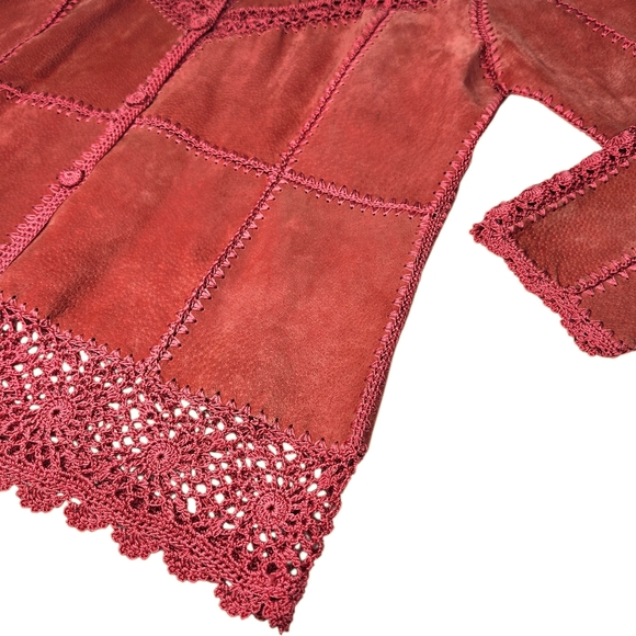 Vintage Suede Crochet Patchwork Jacket XL Boho Western Pink Coral Button Front - Picture 3 of 16